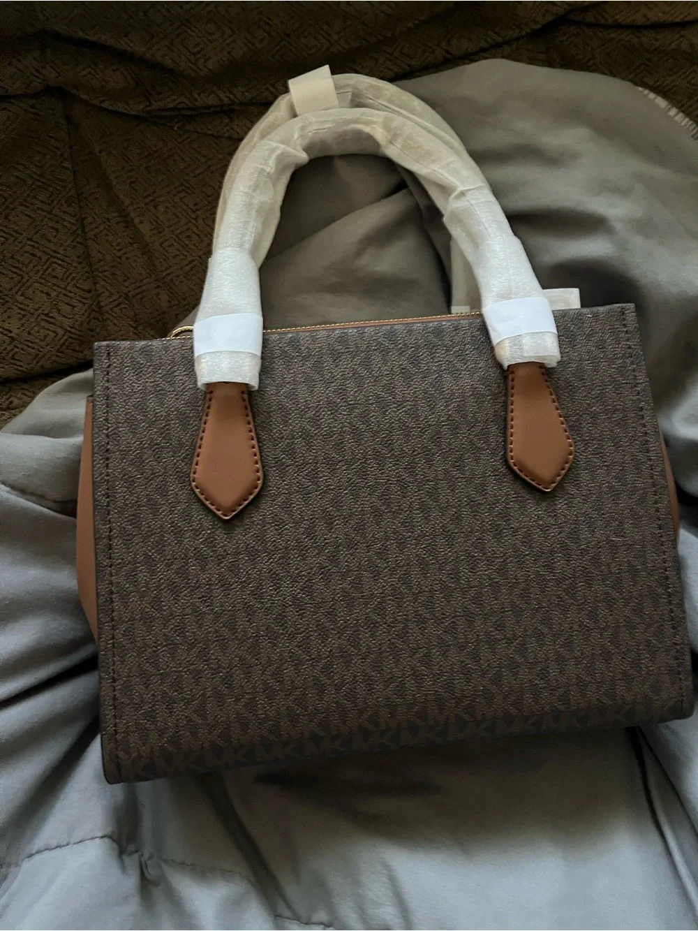 Michael Kors Dark Brown Logo Satchel with Tan Accents